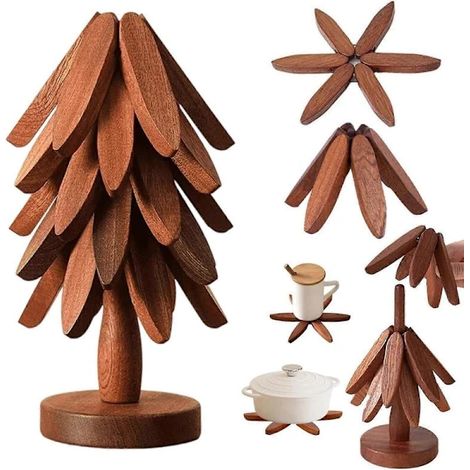 Dessous de plat pliable en bois de noyer avec support de rangement, résistant à la chaleur, idéal pour les bols et théières chauds. (1/5)