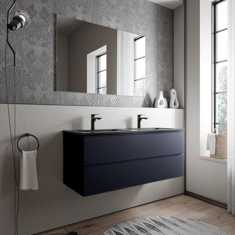 BERNSTEIN - Mueble lavabo doble suspendido MDF azul oscuro mate, 2 lavabos fundición negro mate + orificios grifería 120x46x50cm - AVA CREAM Negro mate con orificio para grifo., Azul medianoche mate