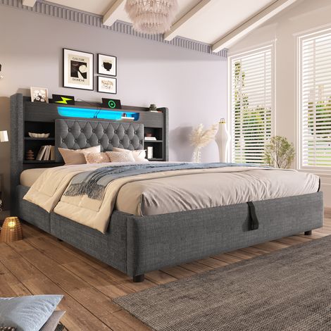Cama arca 180x200 cm - Cama doble - Con cabecero con LED, USB y Tipo C - De tela - Gris - Sin colchón (1/5)