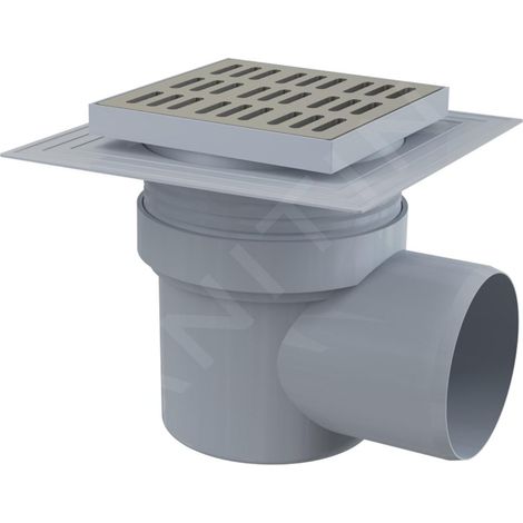 AlcaDrain Drain de sol 150×150/110 mm avec sortie horizontale, grille en acier inoxydable, manchon-2, étanchéité, siphon avec eau de verrouillage (1/2)