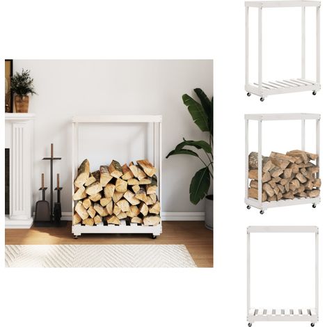 Porte-bûches avec roulettes blanc 76,5x40x108cm bois massif pin - Porte-bûches - Stockage Bois - Rangement Cheminée - Abri À Bûches - Bois De Chauffage (1/5)