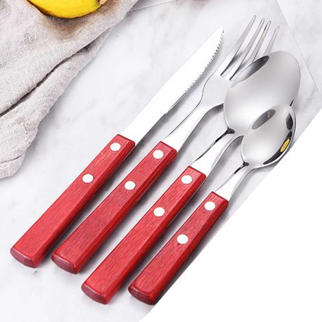 Set couverts 32 pièces, manche bois ergonomique, inox 304, rouge, 4 personnes, diner, cuisine (1/5)