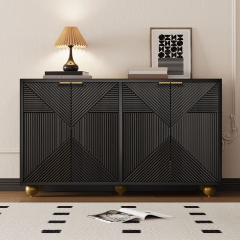 Buffet Sideboard - 120x35x71,5 cm - 4 Portes Sculptées avec Étagères Ajustables - Design Rétro et Pieds Boules - Noir (1/5)