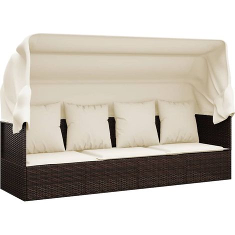 Lettino da esterno con tetto e cuscini 203 x 58 x 56 cm resina intrecciata marrone 020012021