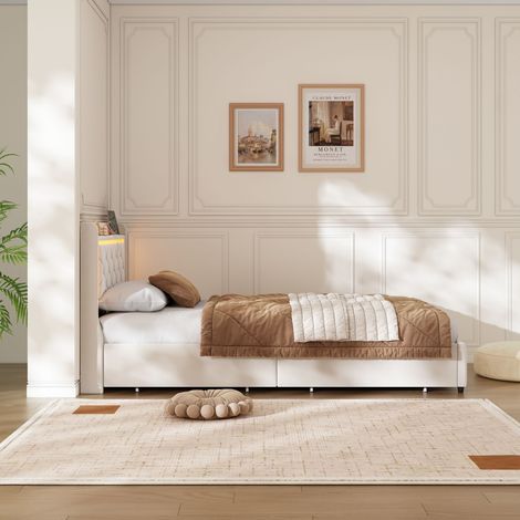 Lit 90x200 cm, lit coffre avec sommier à lattes, lit simple avec tete de lit, LED, tissu en velours, 90x200 cm, beige (1/5)