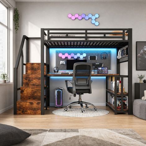 Letto a soppalco 140x200 cm in metallo e MDF nero con scrivania, senza materasso (1/5)