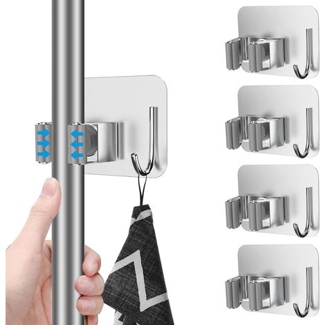 Sollbry Support mural pour balai (4 pièces) – Organiseur de balai en acier inoxydable pour salle de bain, cuisine, placard, garage, jardin – Solution de rangement durable (1/5)
