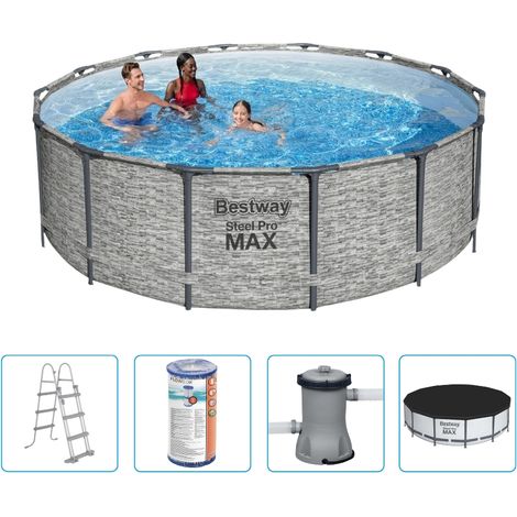 Piscine Bestway Steel Pro MAX - 427 x 122 cm - Imprimé pierre - Ronde - Avec pompe de filtration + accessoires (1/5)