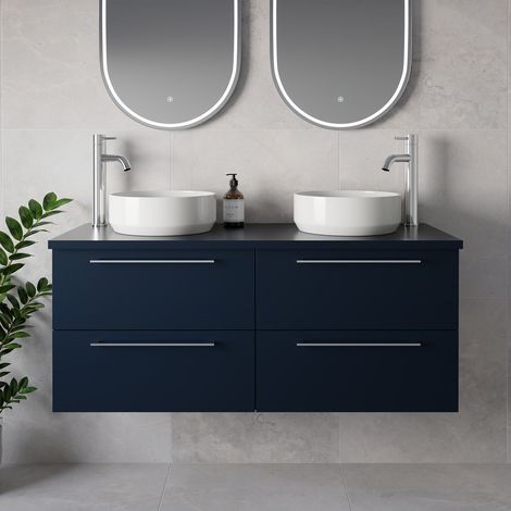 Napoli 460 Deep Blue 1200mm Wall Mounted 4 Drawer Vanity Unit for Countertop Basins - 1200mm - Chrome 320mm Handle