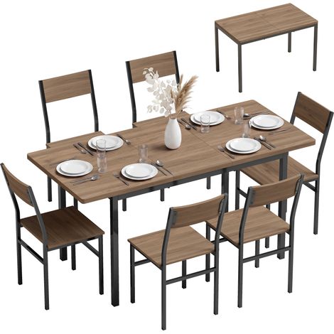 HOMCOM conjunto mesa de cocina extensible 120-160 cm con 6 sillas apilables, ahorro espacio, para 4-6 personas, marco metálico, marrón efecto madera (1/5)