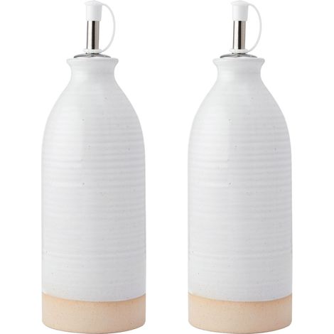 KitchenCraft Idilica Öl- und Essigpfannen de Steingut, Set de 2 Öl- und Essigpfannen de Keramik mit unglasiertem Boden, Creme, 450ml