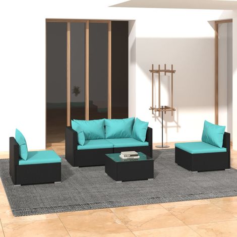 5-tlg. Garten-Lounge-Set mit Kissen Poly Rattan Schwarz (1/5)