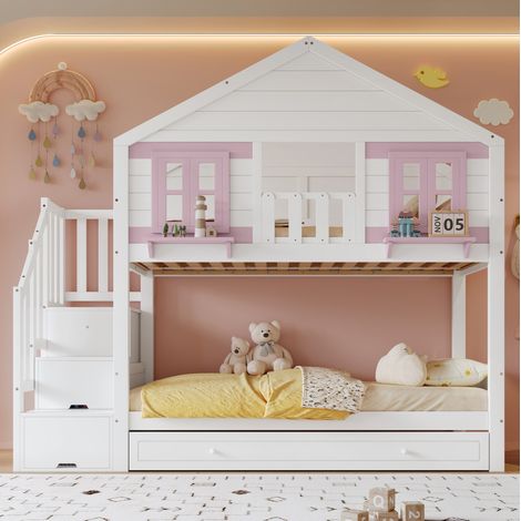 Litera 90x200 cm madera/MDF blanco rosa con nido, ahorra espacio, sin colchón – MEUBLIV (1/5)