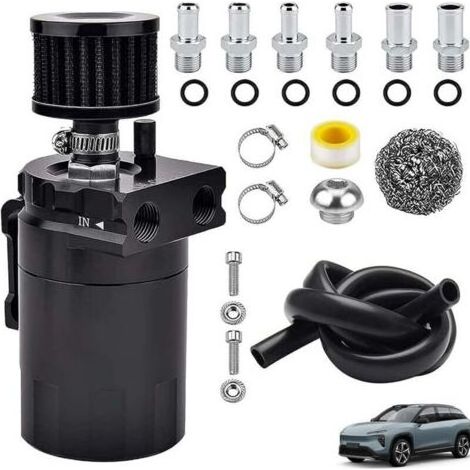 Oil Catch Can Auto,300ml Reniflard D'huile Auto,Aluminium Voiture Réservoir,Universel Séparateur Bidon Huile,Récupérateur Huile Moteur avec Filtre à Air,Tuyau et Autres Accessoires pour Une Variété (1/5)