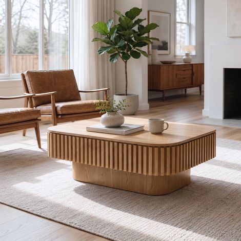 Tavolino da salotto - 98 x 60 x 35 cm - contenitore nascosto coperchio rimovibile scanalato tavolo da caffè - stile moderno mid-century - MDF impiallacciato legno - legno naturale (1/5)