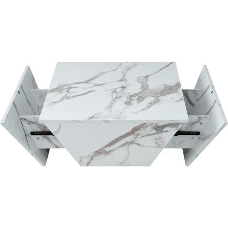 Moderner trapezförmiger Couchtisch weiß in Marmoroptik mit 2 Schubladen 70x70x37 cm (1/5)