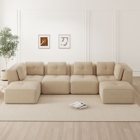Divano modulare angolare 3 posti beige in velluto a coste con design antiscivolo e senza montaggio (1/5)