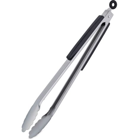 Relaxdays Pinza da Barbecue, Acciaio Inox e Manico in Legno, Accessori Griglia e Cucina, Lunga 38 cm, Argentato Nero (1/5)