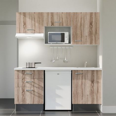 Kitchenette K20L-PT - 180 cm - plan stratifié, évier inox, - Façade Bois - Plan Blanc - Crédences Non + Electroménager inclus coloris Blanc