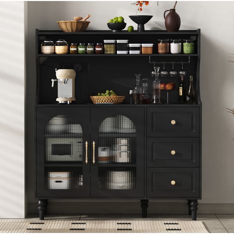 Credenza alta in MDF nero 120x40x138,5 cm con 3 cassetti, ripiani regolabili, portabicchieri e presa USB/Type-C (1/5)