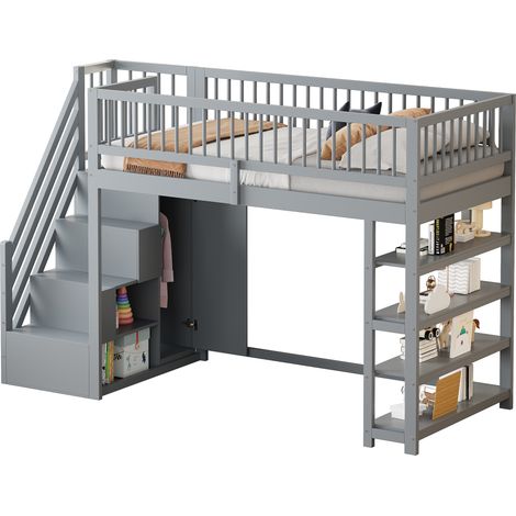 CAIziLit mezzanine gris 90×200cm garde-corps,escalier,placard & rangements bois (1/5)