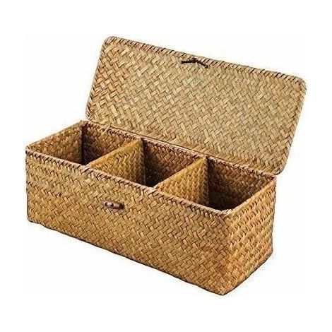 Panier de Rangement avec Couvercle Rectangulaire Coffre en Osier avec Compartiments Organisable Papier Toilette Snack Jouets (1/5)