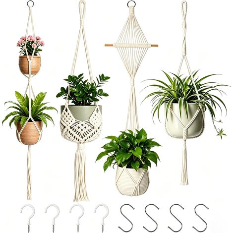 Suspension Plante 4 Pièces, Pot Suspendu Plante Panier Suspendu en Corde Coton Pot de Fleurs pour Plantes Support Suspendu pour Intérieur, Extérieur, Jardin, Balcon, Patio, Fenêtre
