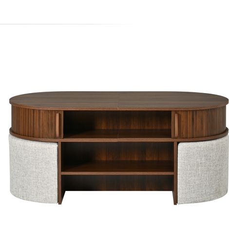 Ovaler Couchtisch mit Stauraum aus MDF und Spanplatte mit Stoffhockern, Nussbaum-Finish (1/5)