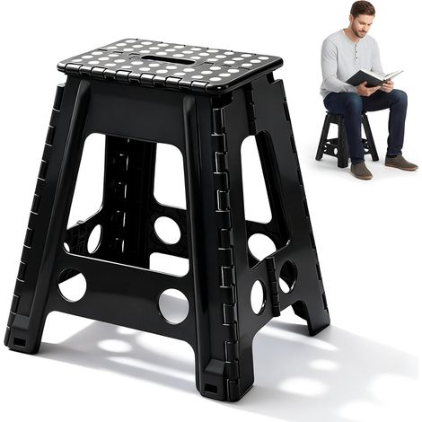 Tabouret Pliant Noir 45cm,Tabouret Pliable,Capacité de Charge de 150 Kg,Marchepied Pied Pliable,Surface Antidérapante Poignée Portable Soulever,Robuste Et Durable,pour Cuisine,Salle de Bain Salon (1/5)