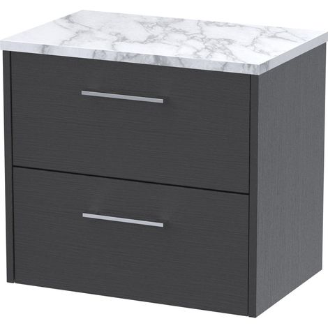 Winshill Contemporary 2 Drawer Wall Hung Vanity Unit with Laminate Worktop, Woodgrain Dark Grey, 600mm