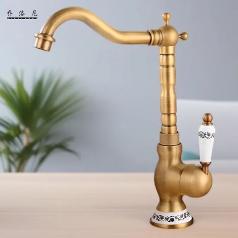 Mitigeur lavabo vintage tout cuivre – Robinet salle de bains style classique doré – Poignée céramique – Eau froide et chaude