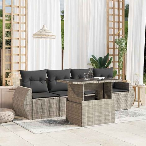 Salon de jardin 5 pièces en résine tressée gris clair avec coussins et table relevable, 49.7kg - PANGIVO (1/5)