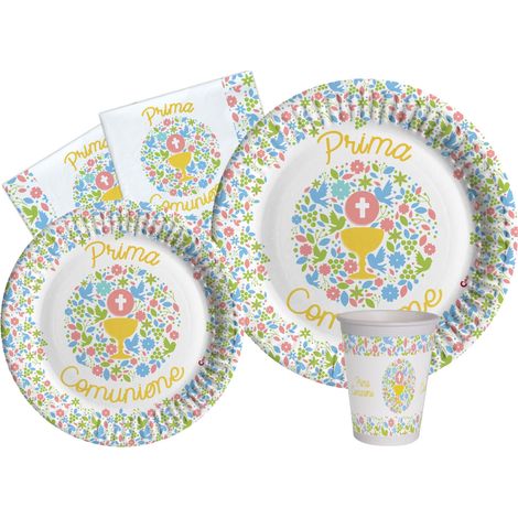 Kit Vaisselle de Fête pour 24 personnes (112 pcs: 24 assiettes Ø23cm, 24 assiettes Ø18cm, 24 gobelets 250ml, 40 serviettes 33x33cm) en papier compostable eco-friendly (1/5)