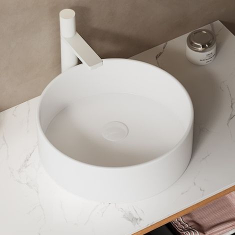 Miroir de salle de bain 36 cm rond blanc céramique, lavabo vasque mural sans robinet ni meuble