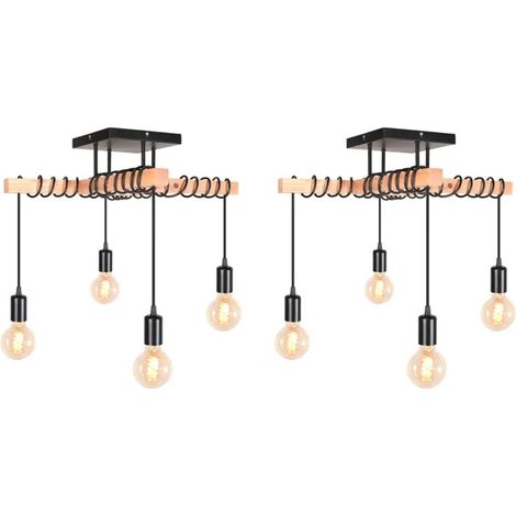2x Lustre Industriel, 4Lampes Suspension Luminaire Vintage en Métal et Bois E27 Éclairage de Plafond Rétro Noir Réglable Retro (1/5)