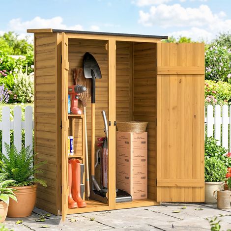 Abri de jardin en bois brun. Local de rangement pour outils avec 2 étagères.