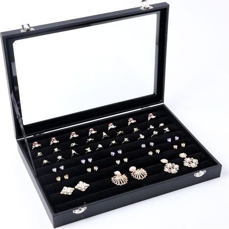 Noir,35x24 cm,Boîte à bijoux en velours noir avec couvercle en verre Boîte à bijoux avec couvercle en verre transparent pour bagues, boucles d'oreilles et boutons de manchette (1/4)
