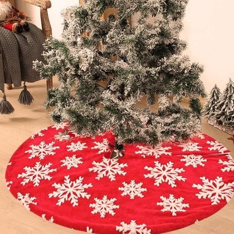Jupe de sapin de Noël de 122 cm, fond rouge, flocon de neige blanc, décorez une couverture pour les sapins de Noël (1/4)