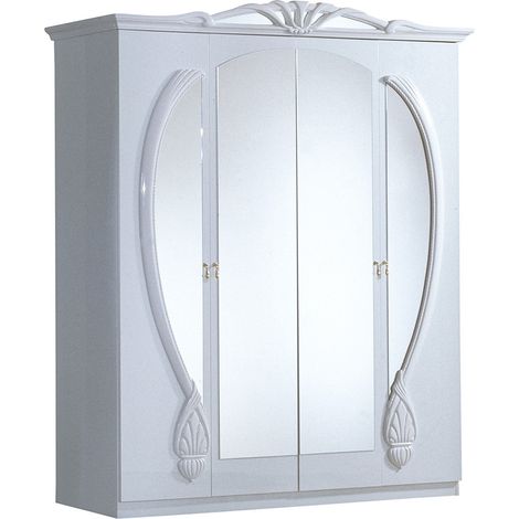 Armoire de chambre 4 portes battantes baroque bois brillant blanc Venize 190cm (1/4)