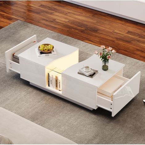 Tavolino LED moderno 100x50x35 cm in MDF bianco con cassetti FloraGrace (1/5)