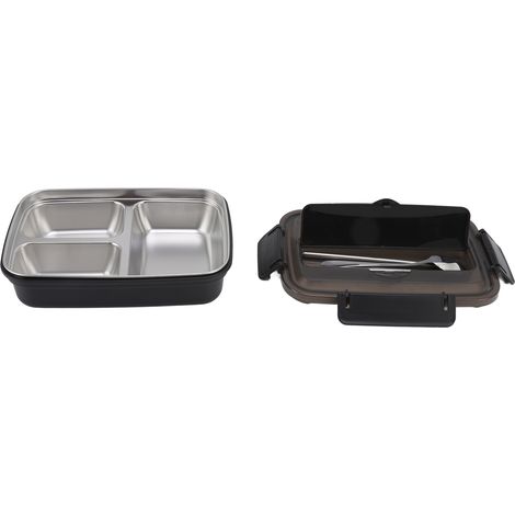 Boîte à lunch à 3 compartiments en acier inoxydable 304, cuillère et baguettes assorties en plastique, idéale pour le bureau (noir). (1/5)