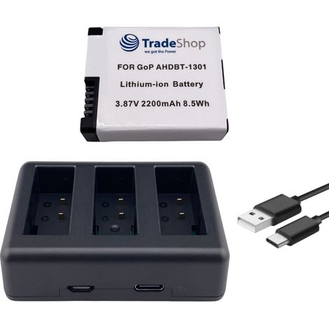 Trade-Shop 2in1 Set: Akku (eckige Form) 2200mAh + USB-C LCD Triple Ladegerät für GoPro HERO13 Black, AHDBT-1301, AHDBT-1301PR, CPSS1B
