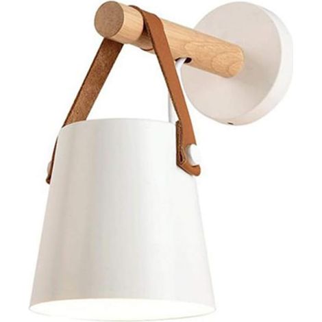 Aplique de pared para interior con cinturón de cuero y madera, E27, estilo vintage, retro, para pasillo, sala de estar, dormitorio, metal y hierro (blanco)