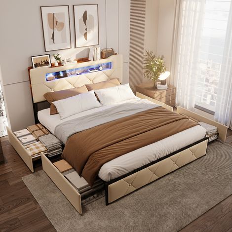 Lit capitonné 140x190 cm - Lit double avec LED - 4 tiroirs - sommier à lattes - tête de lit avec espace de rangement - fonction de charge USB - beige (1/5)