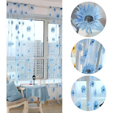 Rideaux voilages modernes pour salon, chambre et bureau  rideaux voilages à motif tournesol jaune  rideaux voilages bleus. (1/5)