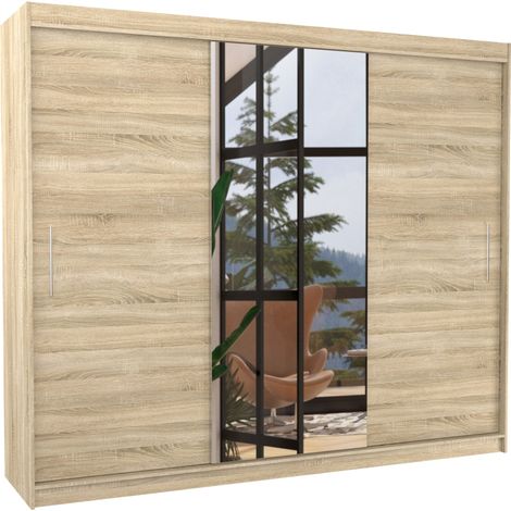 Grande armoire de chambre à coucher 3 portes coulissantes bois clair et miroir Dany 250cm (1/5)