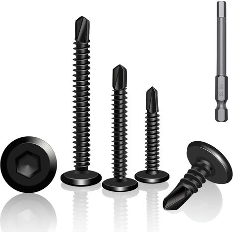 60 Vis Auto-Taraudeuses en Acier Inoxydable 410, 5,5 x 35 mm, Tête Plate avec Empreinte Hexagonale, Noires vis autoforeuse Incluant Embout de Tournevis (1/5)