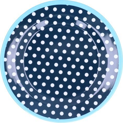 Assiette plate décorative réutilisable de 23 cm en imitation porcelaine, légère, pour gâteaux et fruits, à pois bleu foncé (1/5)