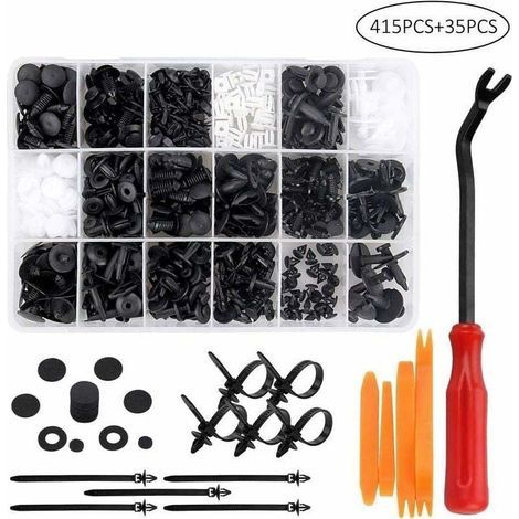 Outillage 415 Pcs Rivet Clips Plastique, Rivet Plastique Fixation de Protection, Clips Voiture Noir Blanche Universel avec Boîte De Rangement et Outil Installation pour Auto Voitures Panneaux de Porte (1/4)