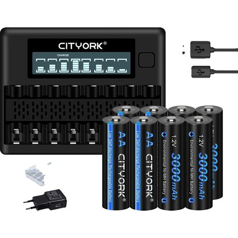 Batería recargable, cargador LCD, alta capacidad, 1 cargador de 8 pilas AA (1/2)